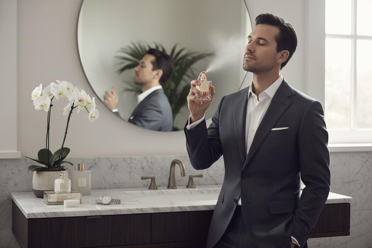 man spraying perfume on him