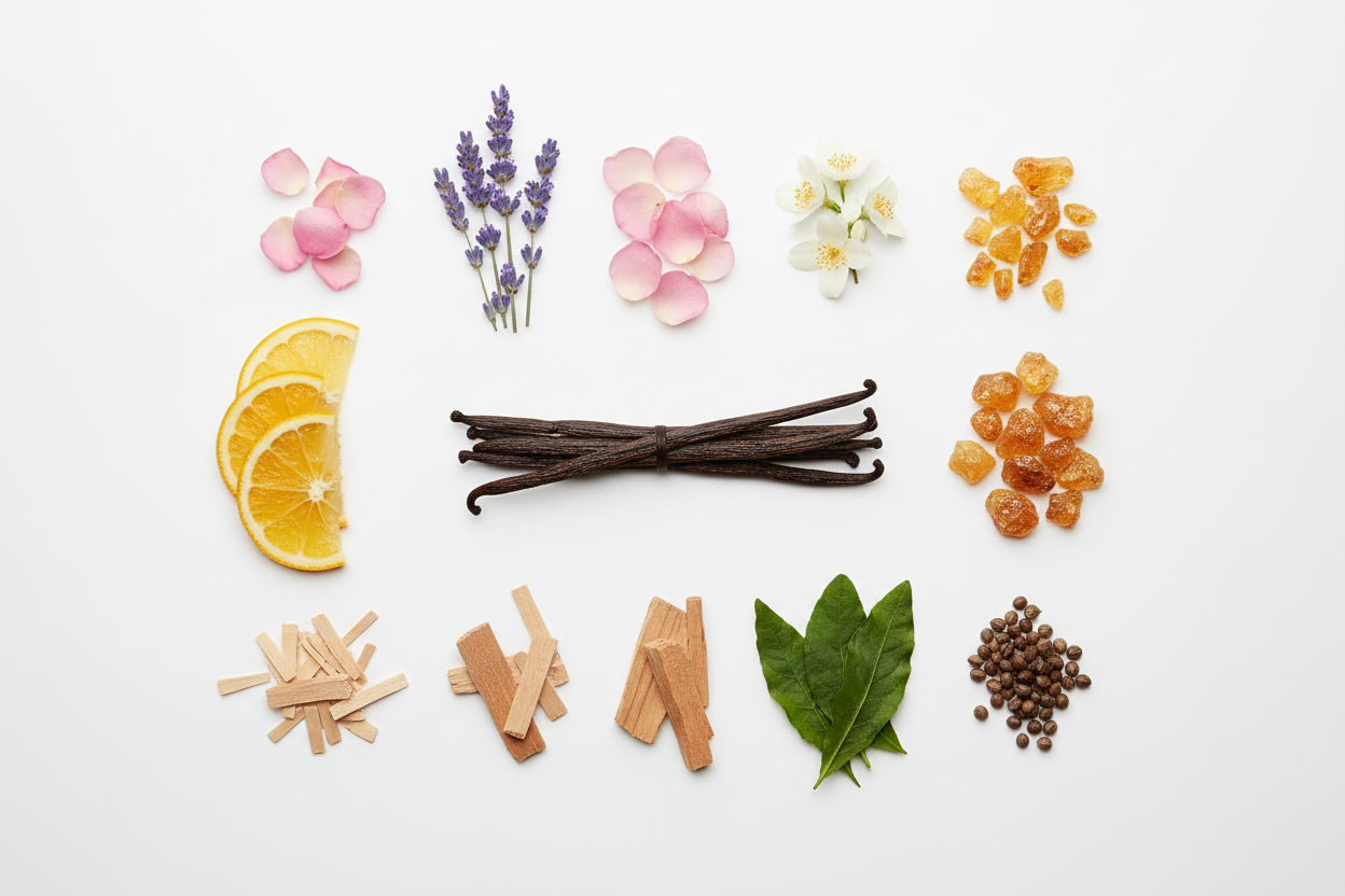 popular fragrance notes on white backround